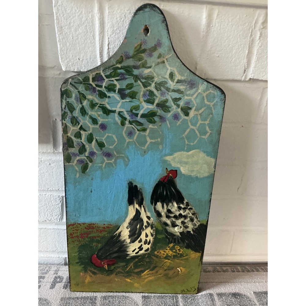 Vintage Folk Art Hand Painted Wooden Bread Board Rooster Chicken Farmhouse Decor